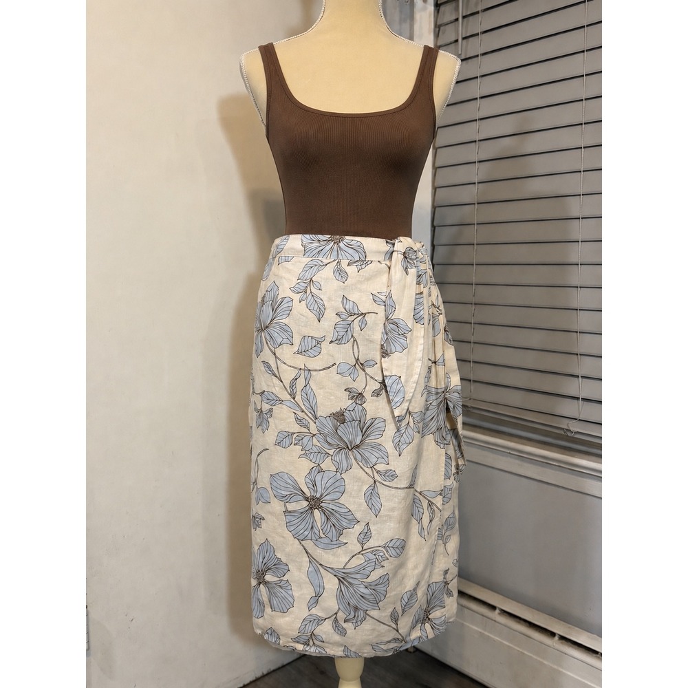 Cynthia Rowley 100% Linen Floral Wrap Midi Skirt Size Medium Blue Cream - Picture 2 of 13